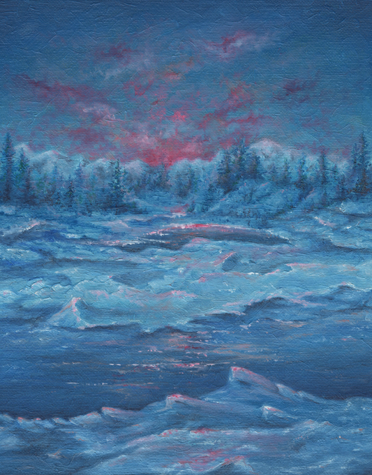 Blue Nights oil painting print of Cordova Alaska’s glacial ice patterns in deep blue tones.