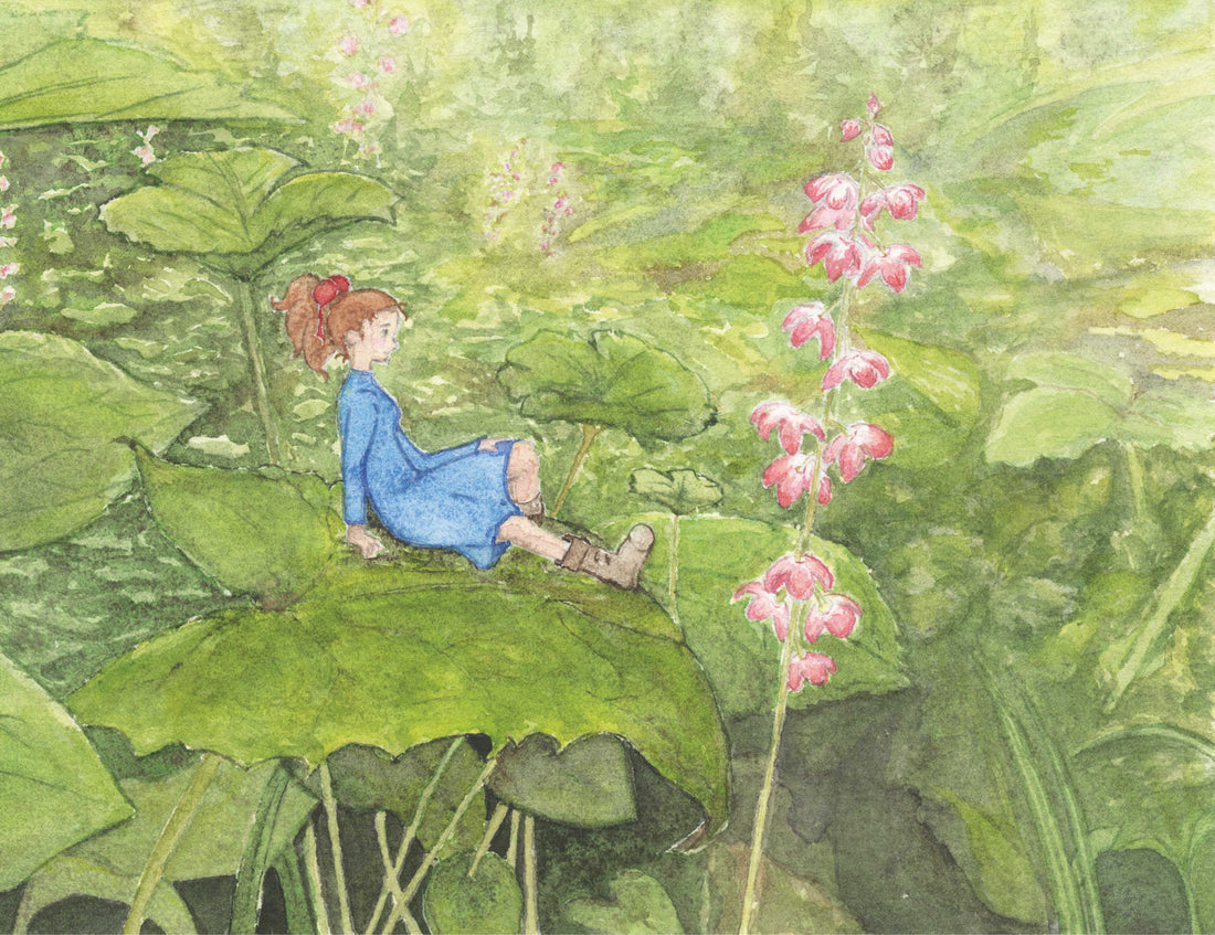 Secret Worlds watercolor giclée print – whimsical Studio Ghibli-inspired scene with tiny hidden figures among vibrant Alaskan wildflowers by artist Shulammite Reece