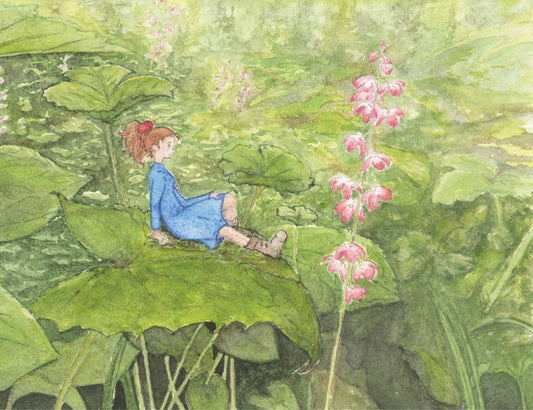 Secret Worlds watercolor giclée print – whimsical Studio Ghibli-inspired scene with tiny hidden figures among vibrant Alaskan wildflowers by artist Shulammite Reece
