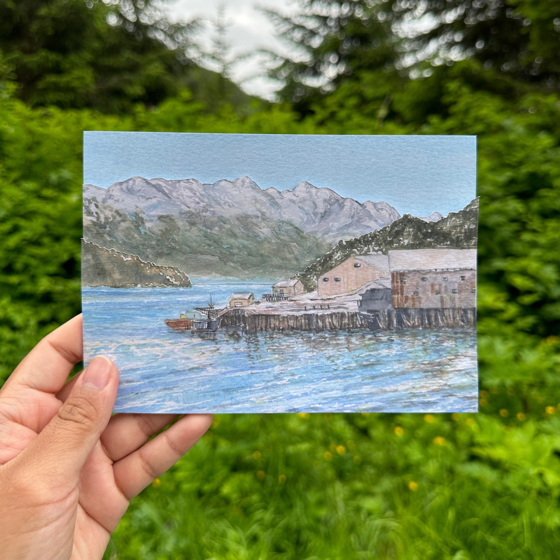 Cordova Cannery Watercolor Diorama Fine Art Print by Shulammite Reece—hand-cut 5×7″ archival matte print capturing historic Cannery buildings on Cordova’s waterfront.