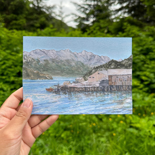 Cordova Cannery Watercolor Diorama Fine Art Print by Shulammite Reece—hand-cut 5×7″ archival matte print capturing historic Cannery buildings on Cordova’s waterfront.