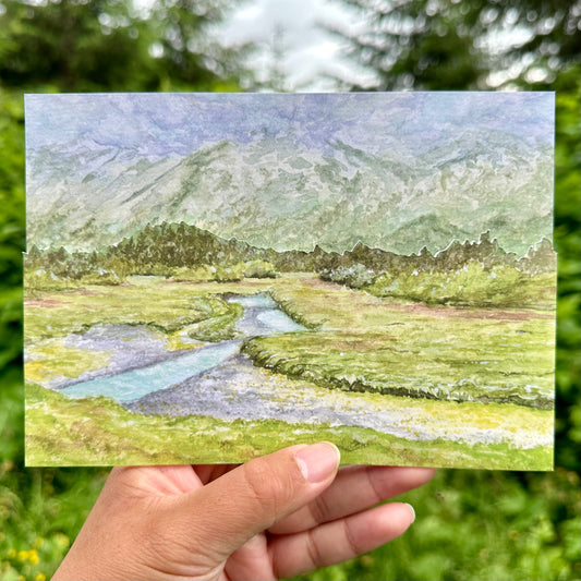 Hartney Bay Watercolor Diorama Fine Art Print by Shulammite Reece—hand-cut 5×7″ archival matte print capturing the serene Hartney Bay coastline of Cordova, Alaska.