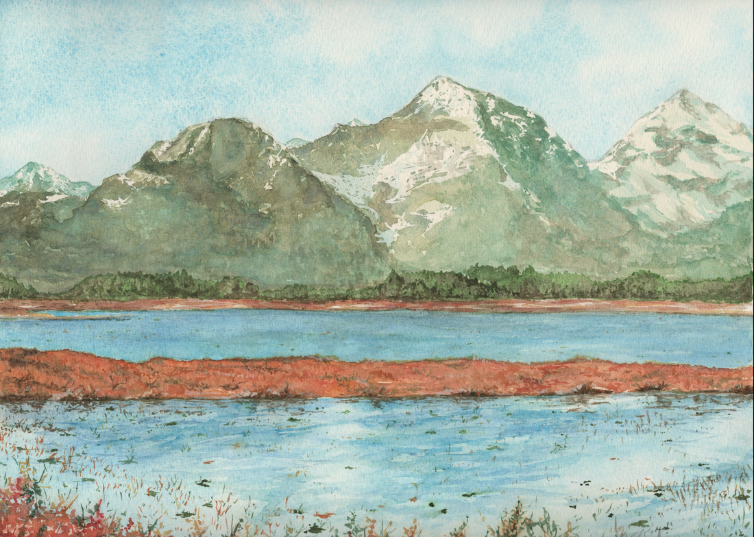 Watercolor painting of Alaganik Slough in Cordova, Alaska during autumn – giclée print, greeting card, or sticker.