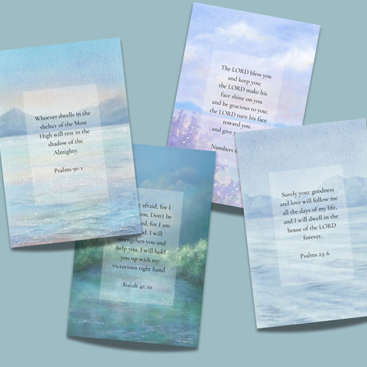Set of four hand drawn Christian landscape paintings with scripture verses about God's love, healing, and comfort. Artwork by Shulammite Reece