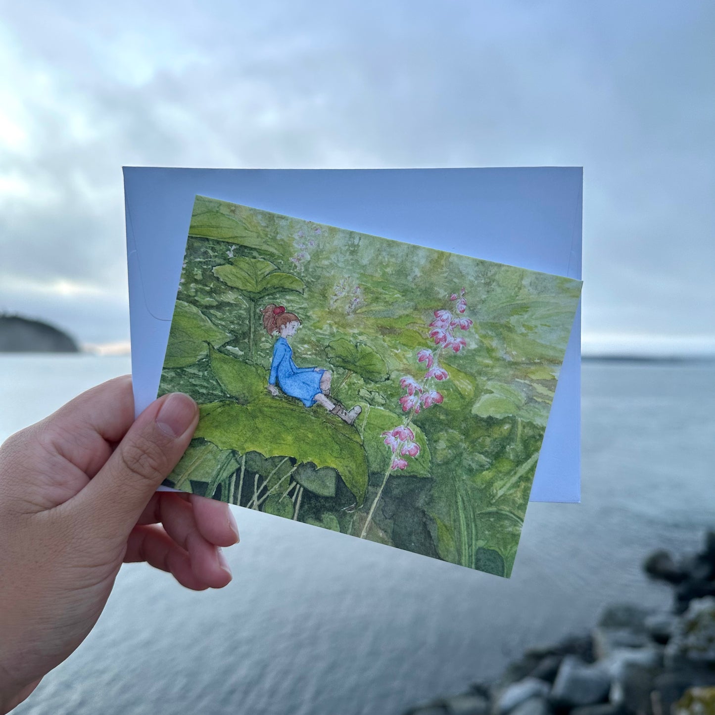 Secret Worlds watercolor print – Alaskan wildflowers and tiny hidden figures, Studio Ghibli-inspired artwork by Shulammite Reece
